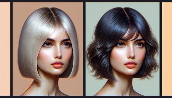 Woman with sleek, polished blunt bob and another with casual, textured bob with soft waves.