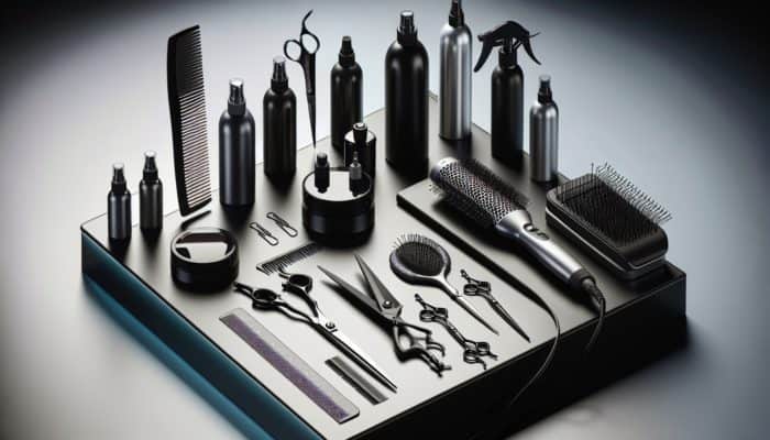A professional hairstylist's workspace with essential tools for blunt bobs neatly arranged on a modern vanity.