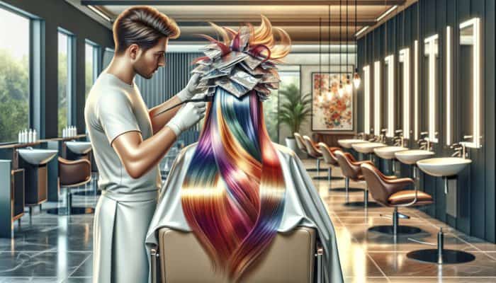 Layering Foils for Lift Mastery: A professional hair colorist applying multiple foils to create vibrant, layered hair color in a modern salon.