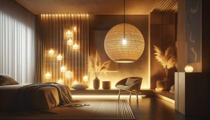 Warm, sustainable raffia blonde lighting enhances tranquil, versatile interiors.