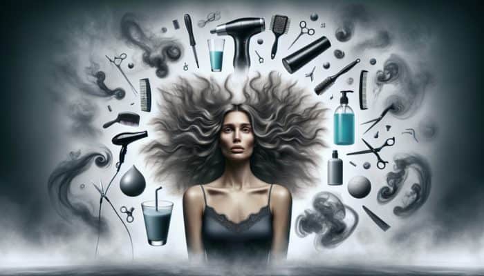 Smoothing Flyaways Effortlessly: A woman with frizzy hair in a cold, windy setting surrounded by styling tools, chemicals, and pollutants.
