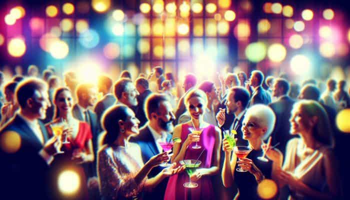 Balancing Cocktail Party Fringes: A cocktail party with guests mingling harmoniously, vibrant atmosphere, colorful drinks, soft lighting, fostering genuine interactions.