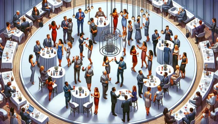 A lively cocktail party with guests engaging in ice-breaking games and rotating seating, fostering connections and easing social anxiety.