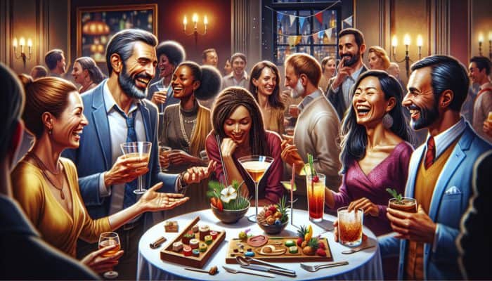 A lively cocktail party with guests engaged in conversations and timed interactive segments.