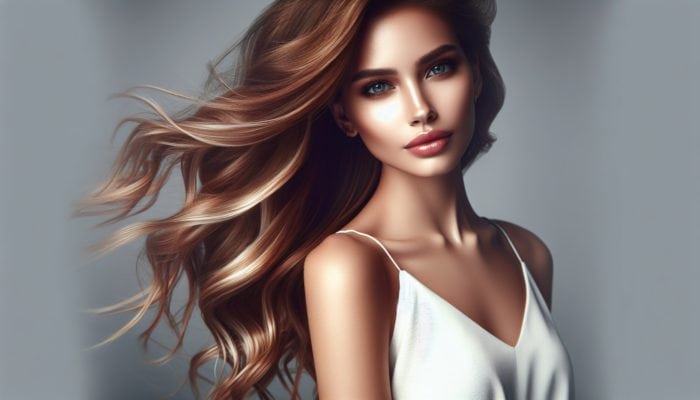 Creating Bronde Shades for Hybrids: Young woman with flowing bronde hair blending brunette and blonde highlights, posing confidently in soft natural light.