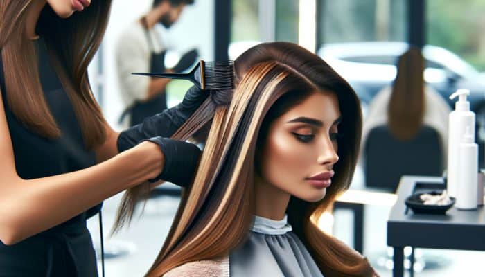 A professional hairstylist applies bronde dye to a client's long dark hair in a bright salon, blending brown and blonde tones for enhanced shine.