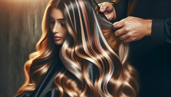 A hairstylist applies balayage to long, flowing hair, blending warm golden and cool ashy tones for a natural, sun-kissed bronde effect.
