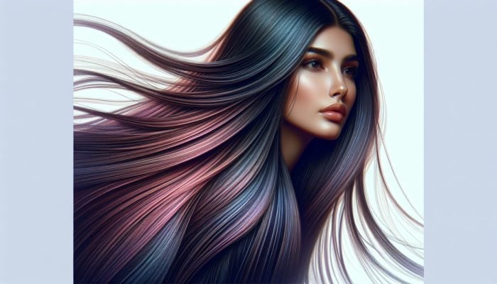 A young woman with long, flowing layered hair swaying in a gentle breeze, creating an illusion of volume and vitality.