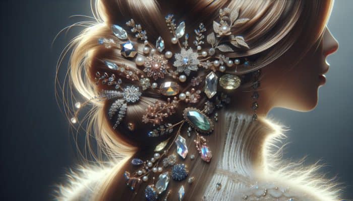 Exploring Hair Gems for Sparkle: Close-up of elegant hair adorned with shimmering crystals, metals, and beads, adding sparkle and artistic flair in soft lighting.