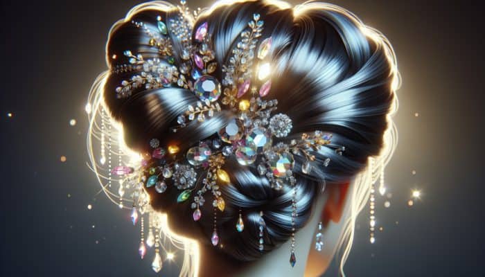 A close-up of elegant hair adorned with sparkling glass crystals, colorful acrylic beads, and intricate gold and silver gems under soft light.
