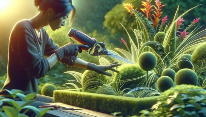 Refining Trimmers for Edge Detailing: A skilled artisan uses refining trimmers to create precise edges and intricate designs in a vibrant garden under sunlight.