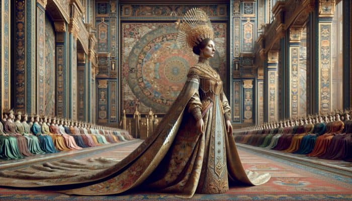 A majestic royal figure in opulent gowns blending European crowns and Asian silks stands gracefully in a hall of ancient tapestries.