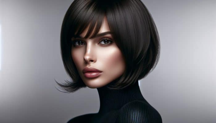 Confident woman with ultra-short bob above chin, featuring layered waves and wispy fringe framing her face boldly.