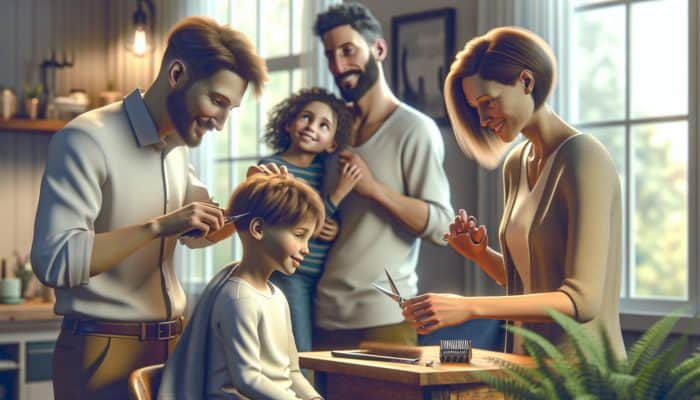 Quick Trims For Busy Families: A busy modern family in a cozy home, with a parent trimming a child's hair using scissors and a clipper, all smiling and relaxed.