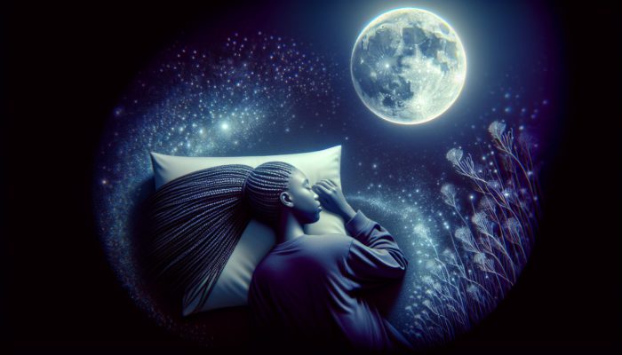 Refining Bedtime Braids: A woman with long, glossy braided hair rests on a soft pillow in a moonlit bedroom, protecting against tangles for healthy hair.