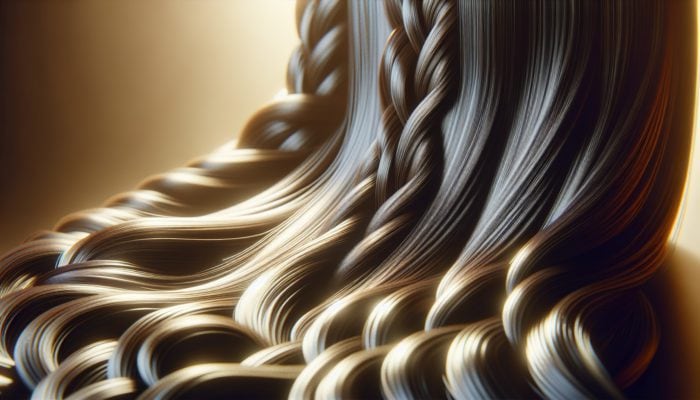 Close-up of a woman with long dark hair, showing smooth waves from refined bedtime braids, enhanced texture, and golden light highlighting shine.