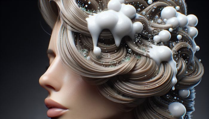 Using Mousse for Volumised Roots: A close-up of a model with voluminous, lifted hair styled with foamy mousse, enhancing root volume, hold, and shine.