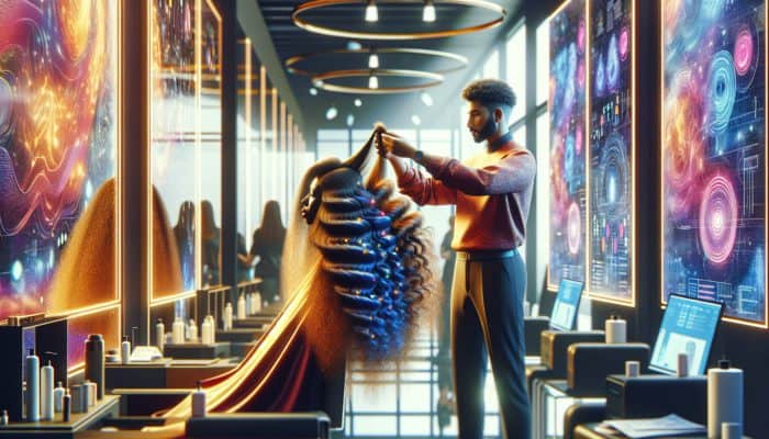 Layering Long Hair for Volume and Movement: Illustration of a hairstylist layering long, wavy hair in a modern salon to create volume, with sunlight highlighting the texture.