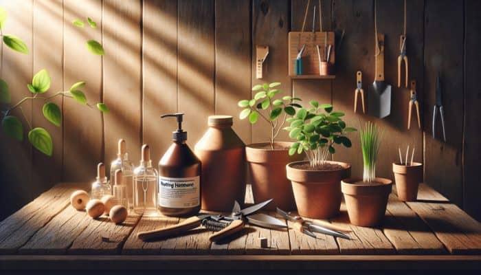 Still-life of plant rooting tools: pruning shears, hormone bottles, soil-filled terracotta pots, and green cuttings on a rustic table in soft sunlight.