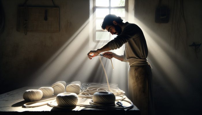 Executing Top Knots Quickly: A skilled artisan ties a secure top knot with rope in a sunlit workshop, forming a loop, tightening it, and trimming excess with scissors.