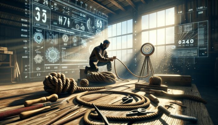 A skilled person swiftly ties intricate knots on a weathered rope in a sunlit workshop, surrounded by timers, charts, and tools, showing determination.