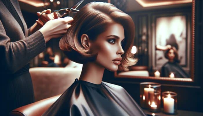 Forming Celebrity Bob Variations: A glamorous celebrity gets a chin-length bob haircut in a chic salon, with straight cuts and texturized layers under soft lighting.
