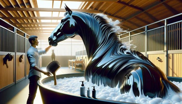 Refining Sleek Ponies Polished: A handler grooms a sleek horse's glossy coat in a sunlit stable, brushing its mane and preparing a shampoo bath.