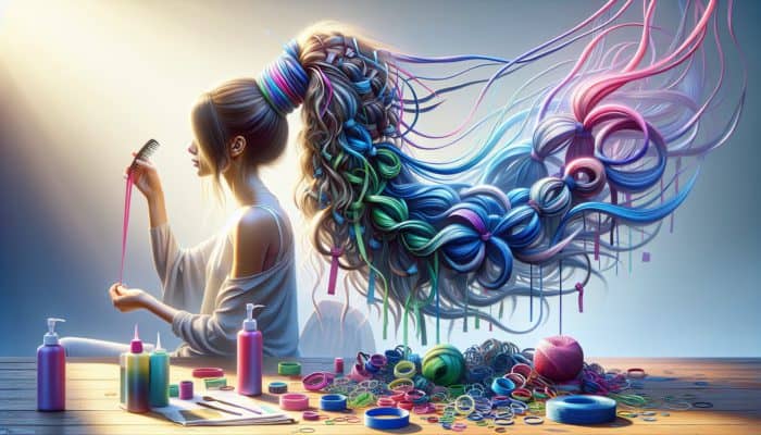 Creating Bubble Ponytails Playfully: Young woman styling a bubble ponytail with multicolored elastic bands, seamless hair ties, and a comb on a sunlit vanity table.