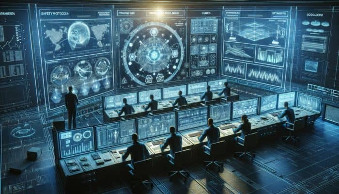 Channeling Edge Protection Routines: Engineers in a high-tech control room monitor holographic network edge displays, surrounded by safety protocols, training simulations, and emergency tools, symbolizing vigilance and reliability.