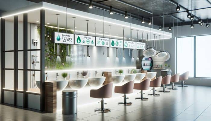 Using Water-Saving Salon Techniques: A modern eco-friendly salon featuring stylists using low-flow showerheads, water-efficient systems, greywater recycling, and smart monitors for sustainable beauty services.